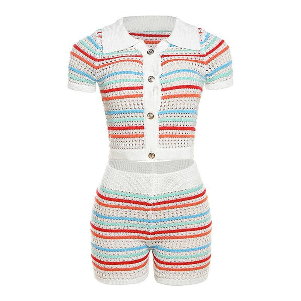 Button short sleeve turnover collar striped crochet pant set