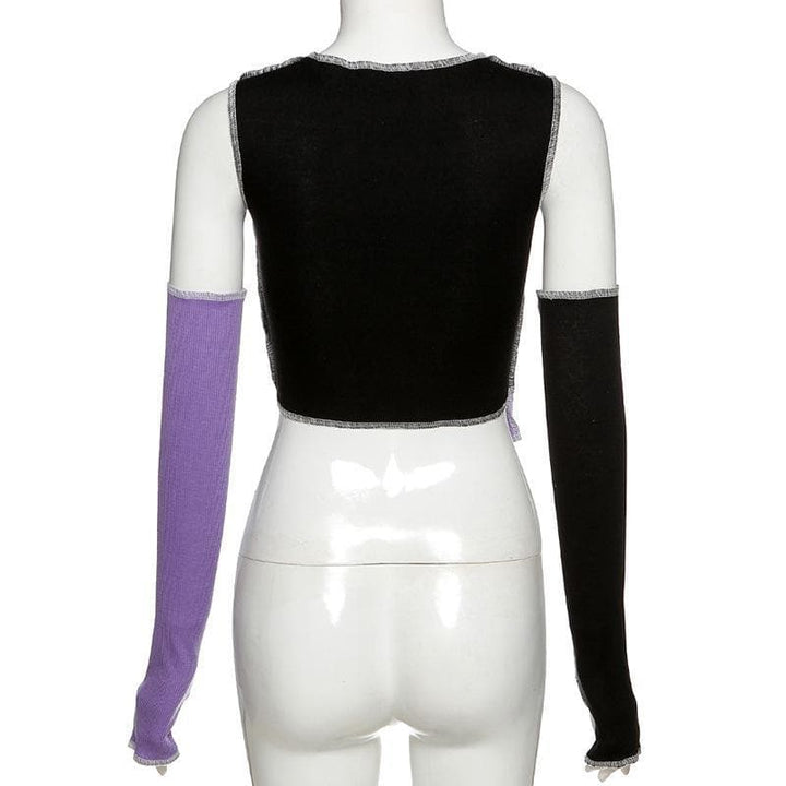 Patchwork off shoulder gloves ribbed crop top - Halibuy