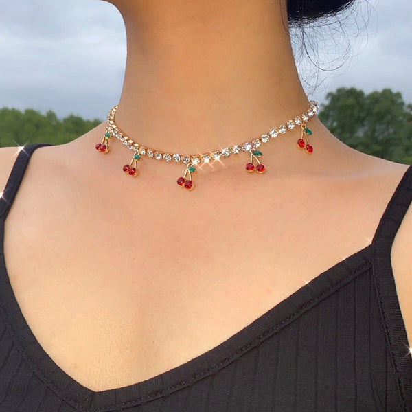Cherry pendant rhinestone necklace