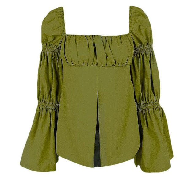 Flared pleated sleeve smocked square neck slit solid top