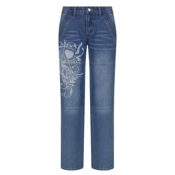 Abstract contrast button low rise zip-up pocket jeans