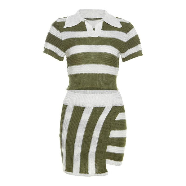 Irregular turnover collar short sleeve striped knitted mini skirt set