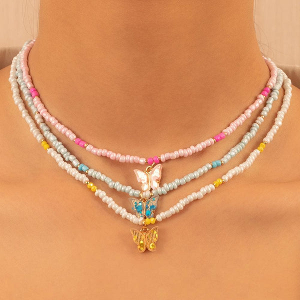 Beaded multicolor butterfly pendant necklace