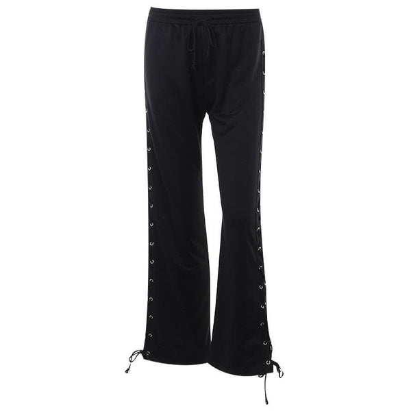 Lace up solid hollow out medium rise pant