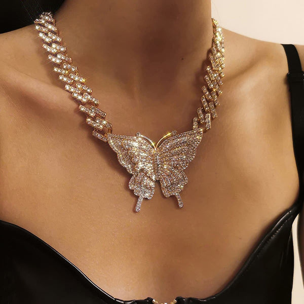 Butterfly pendant rhinestone cuban necklace
