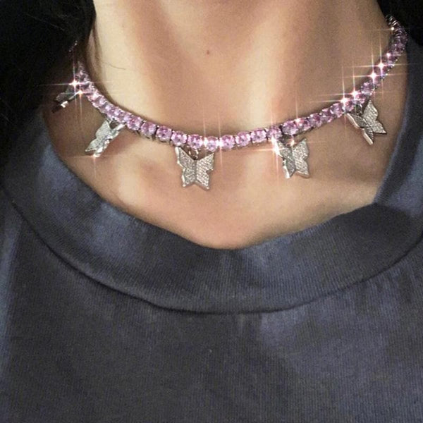 Rhinestone butterfly pendant choker necklace
