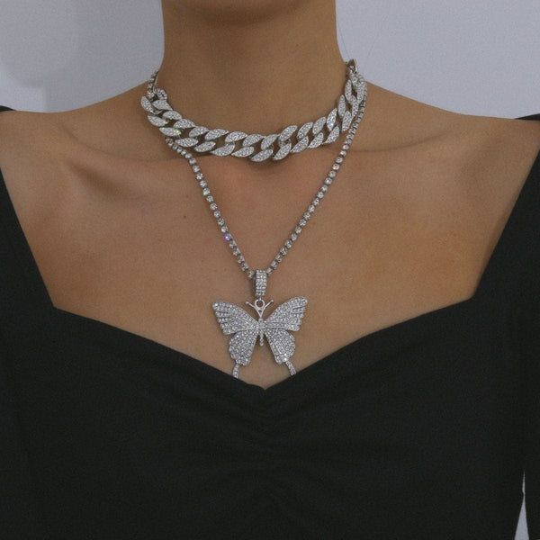 Butterfly pendant rhinestone cuban 2pcs necklace