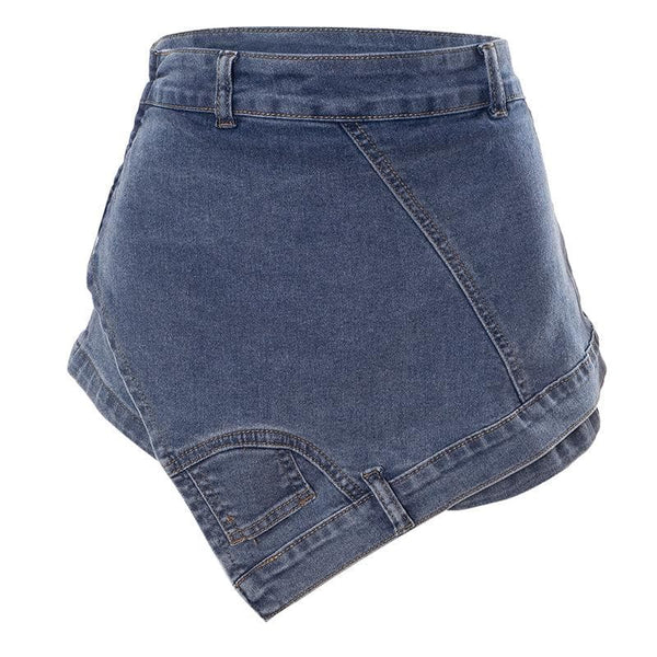 Patchwork irregular stitch 2-way zip-up denim shorts