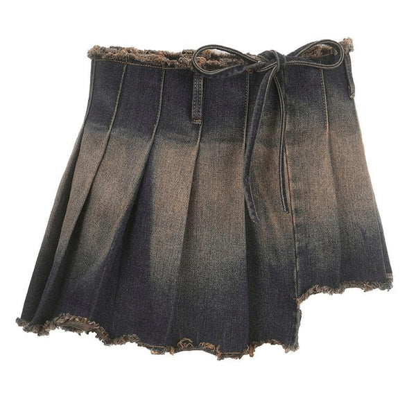 Raw hem pleated contrast self tie denim mini skirt