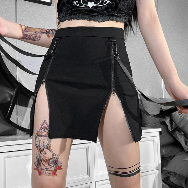 Minifalda lisa de talle medio con cinta y cremallera 