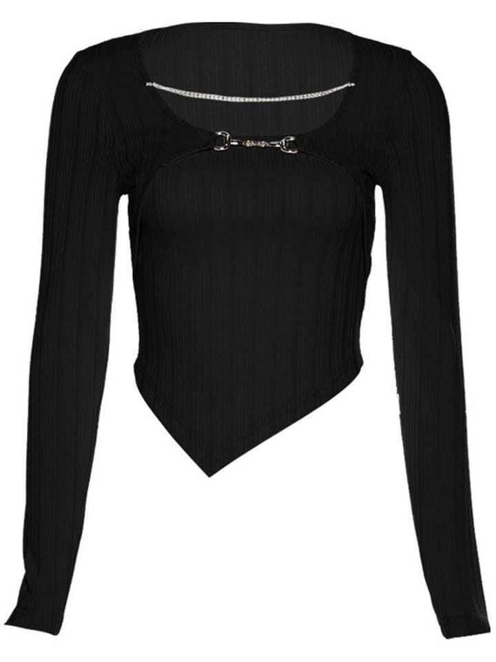 Long sleeve round neck metal chain buckle top - Halibuy