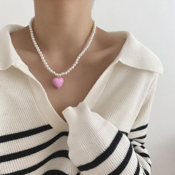 Heart pendant beaded multicolor necklace