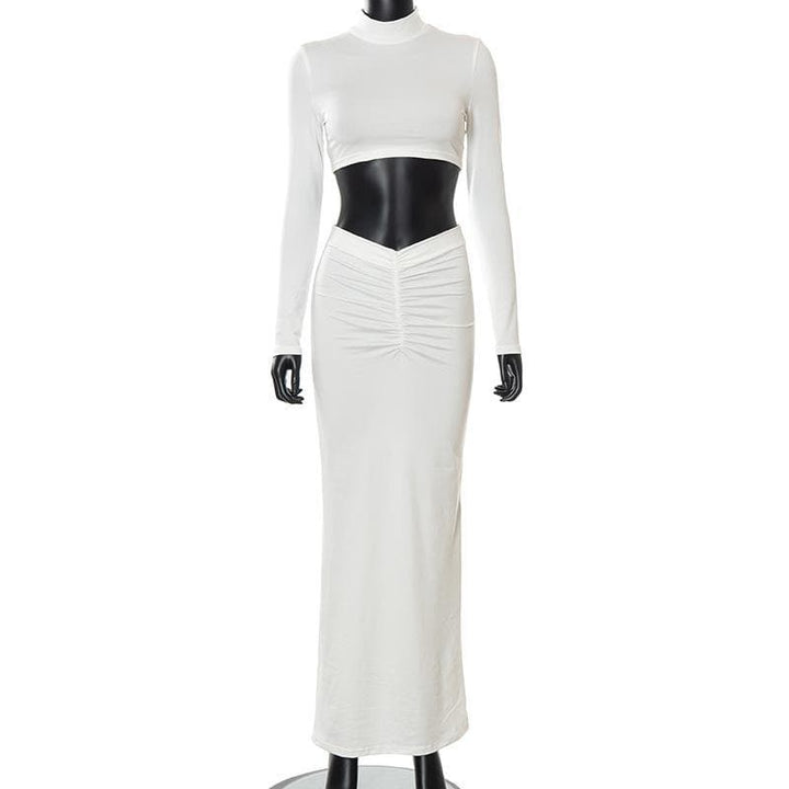 High neck long sleeve ruched solid maxi skirt set - Halibuy