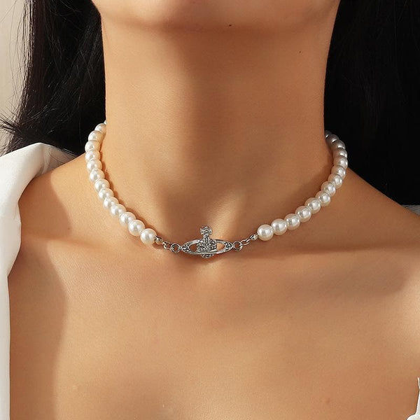 Faux pearl beaded choker necklace