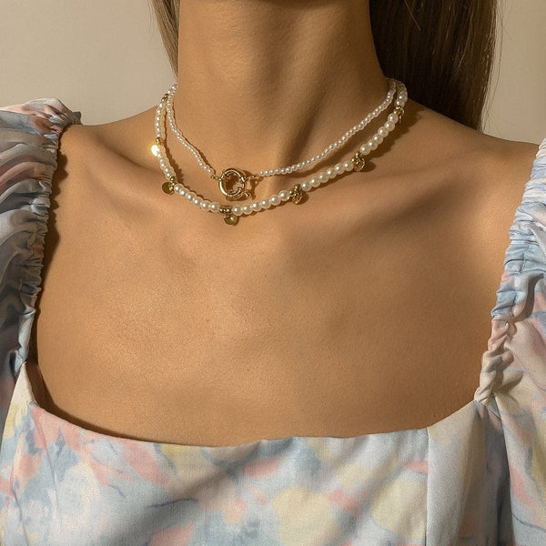 Faux pearl beaded 2 pcs choker necklace