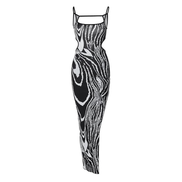 Zebra print contrast irregular slit hollow out backless midi dress