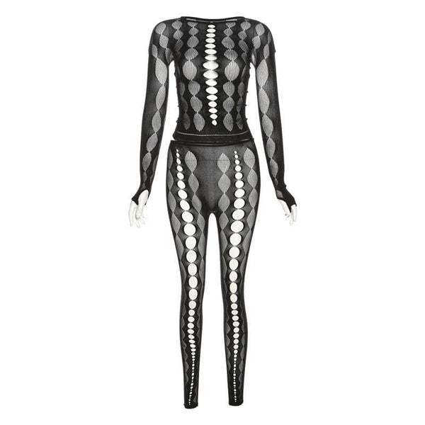 Fishnet long sleeve hollow out see through gloves solid pant set
