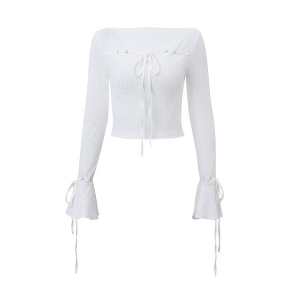 Long flared sleeve self tie stitch ribbed solid crop top