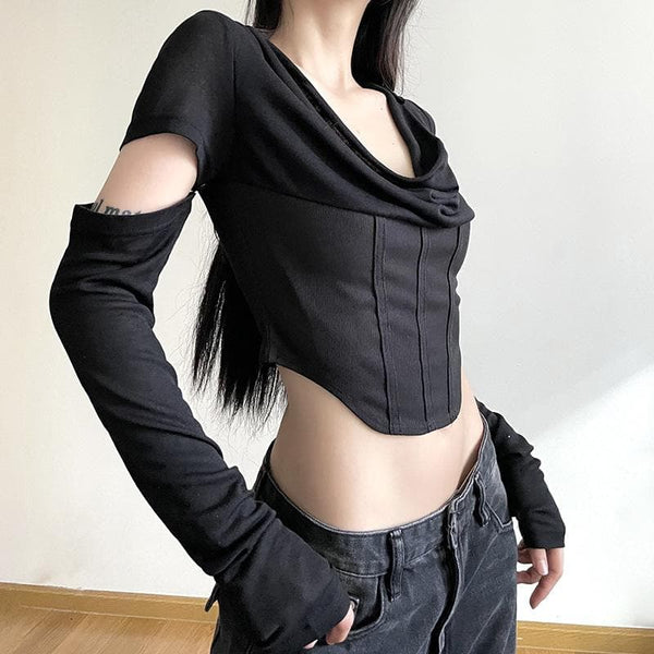 Hoodie cowl neck hollow out long sleeve corset crop cut out top