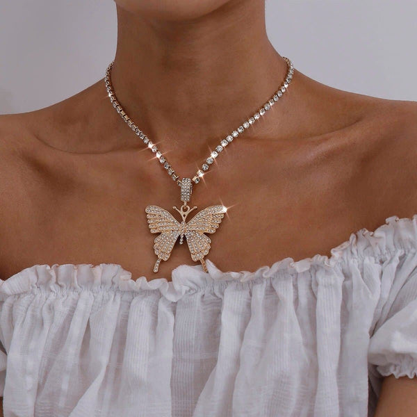 Butterfly pendant rhinestone necklace