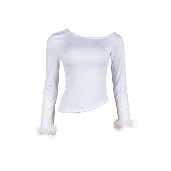 Long sleeve irregular solid feather round neck top
