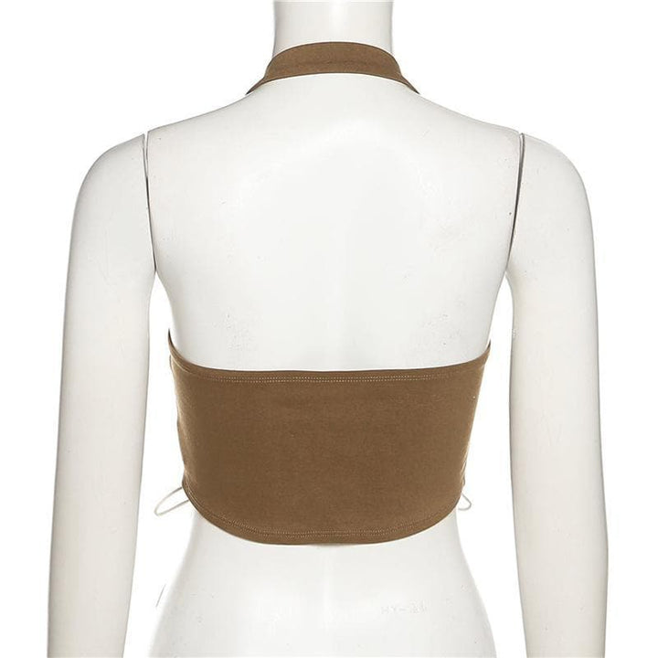 Lace up halter open back crop top - Halibuy