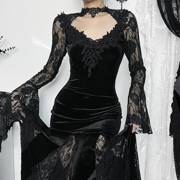 Long flared sleeve crewneck lace embroidery ruffle maxi dress