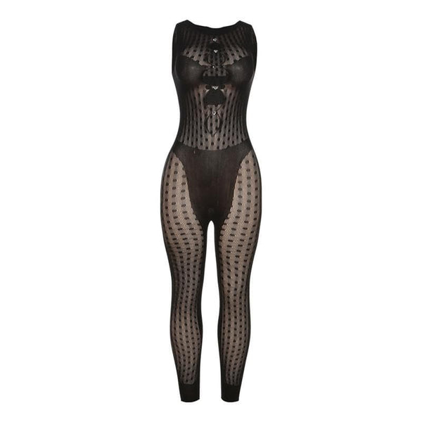 Fishnet button sleeveless solid hollow out jumpsuit