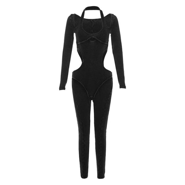 Ribbed hollow out long sleeve halter solid jumpsuit