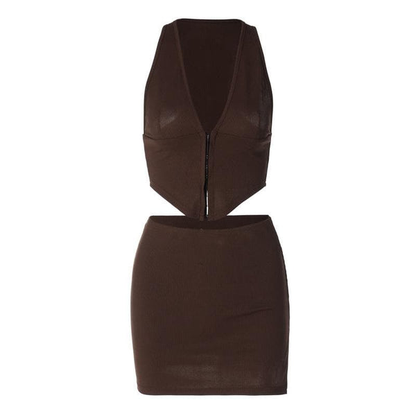 Sleeveless v neck solid slit button mini skirt set