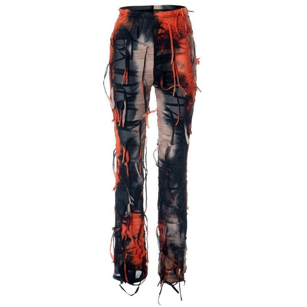 Tie dye textured tassels contrast high rise pant