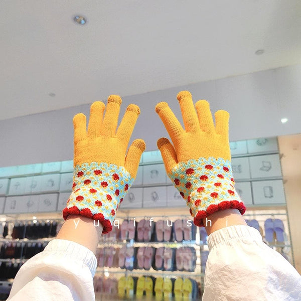 Knitted patchwork flower pattern full finger gloves