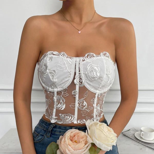 Rose mesh solid button bustier tube top