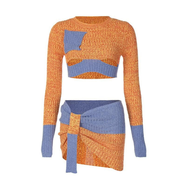 Knitted patchwork contrast long sleeve hollow out mini skirt set