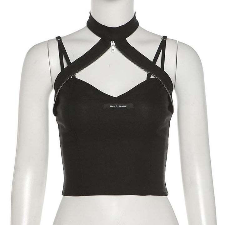 Heart neck zip halter crop top - Halibuy