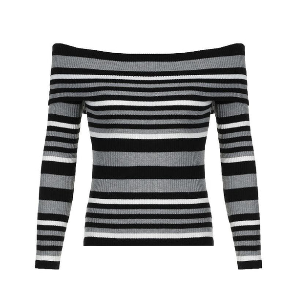 Striped contrast off shoulder long sleeve knitted top