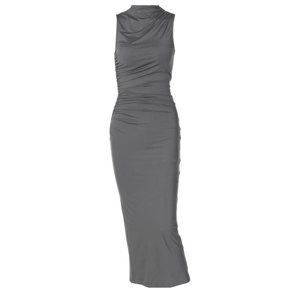 Turtle neck ruched solid sleeveless slit midi dress