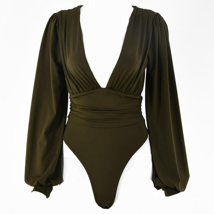 Deep v neck ruched solid bodysuit - Halibuy