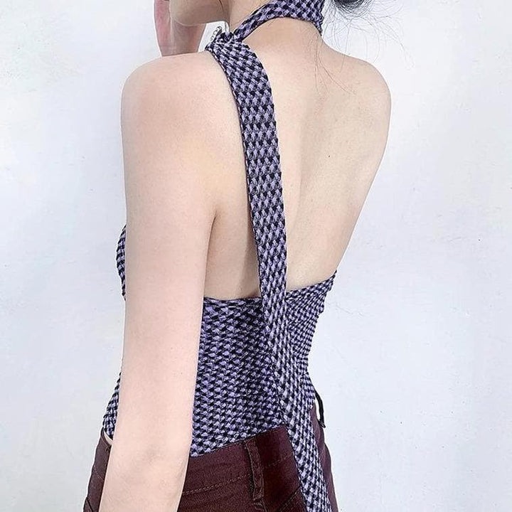 Plaid halter backless sleeveless top - Halibuy