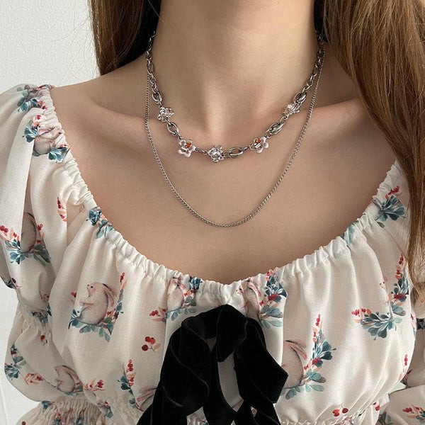 Flower multicolor layered choker necklace