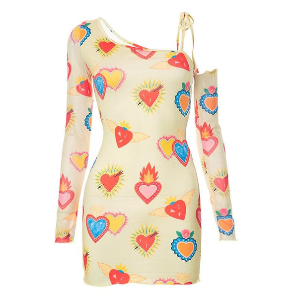 Heart print contrast irregular long sleeve mesh mini dress