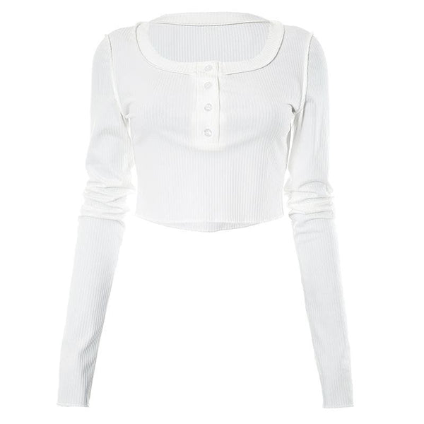 Button ribbed stitch long sleeve solid crop top