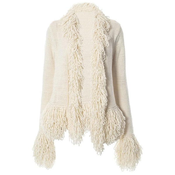 Knitted solid long sleeve tassels coat top