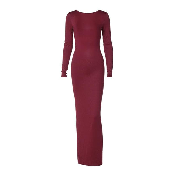 Backless ruched solid long sleeve maxi dress