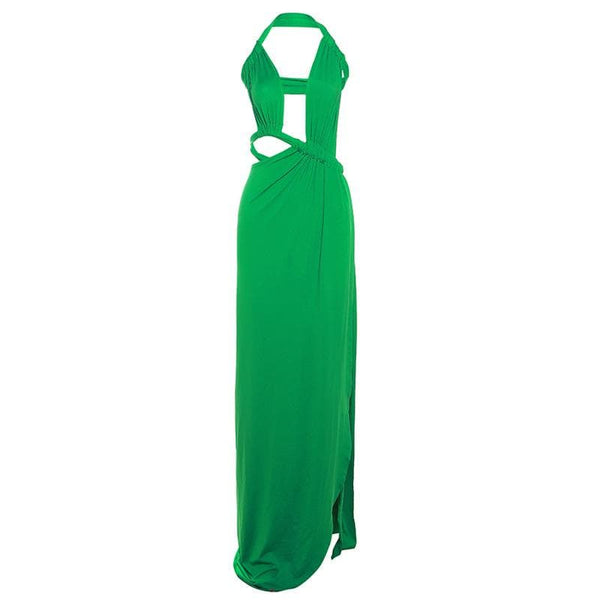 Halter irregular solid backless knotted ruched maxi dress