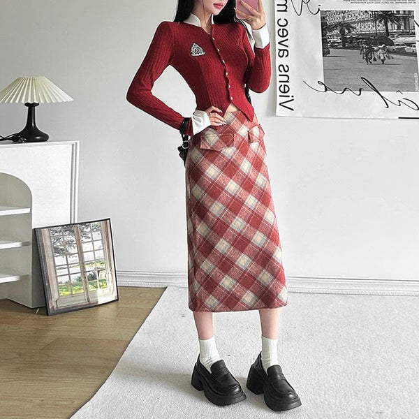 Long sleeve turnover collar plaid button zip-up contrast midi skirt set