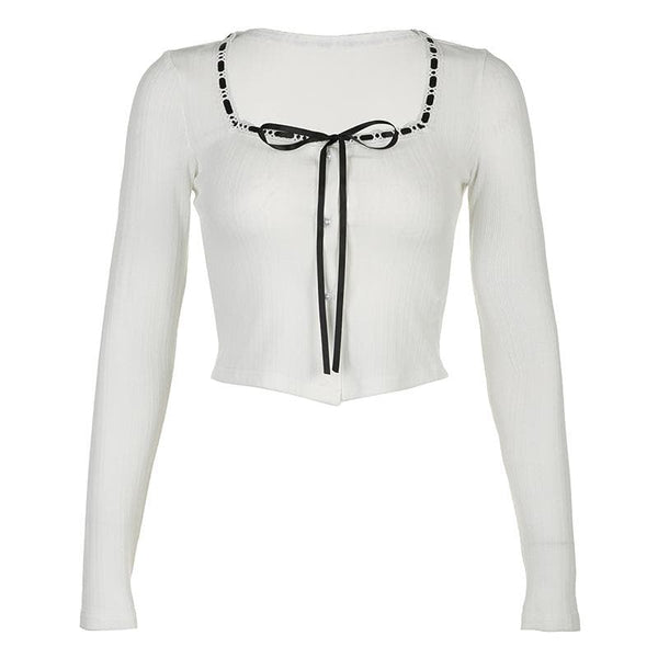 Button contrast square neck long sleeve crop top