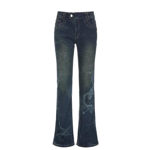 Abstract contrast low rise flared jeans