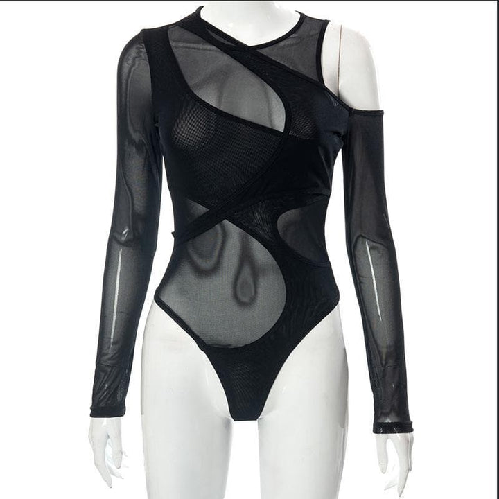 Long sleeve off shoulder irregular sheer mesh bodysuit - Halibuy