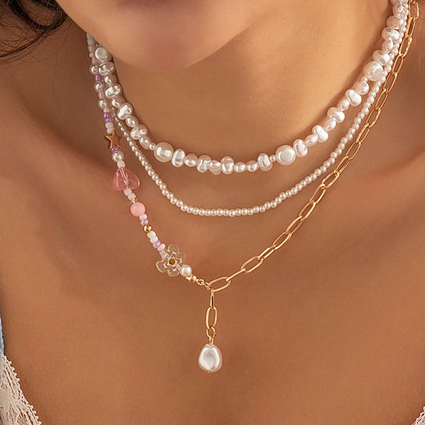 Faux irregular pearl pendant 3 pcs necklace